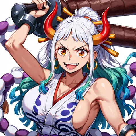 1girl, yamato (one piece), solo, breasts, horns, multicolored hair, weapon, chain, long hair, open mouth, japanese clothes, earrings, jewelry, hair ornament, upper body, sideboob, armpits, sleeveless, sleeveless kimono, holding, holding weapon, rope, club ...