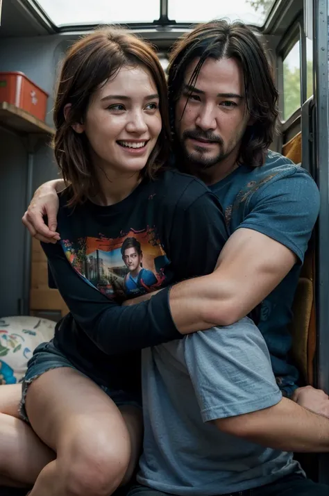 ((best quality)), ((masterpiece)), (detailed), perfect face, Couple, man and woman, laughing, hugged, inside a truck, foreground, Ellie de the Last of us 2 y Keanu Reeves, blue and black wool t-shirt, with orange and red print