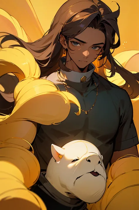 ((best quality)), ((masterpiece)), (detailed), perfect face, 1 guy with brown skin, puppy eyes color yellow, long hair, fluffy and curv.