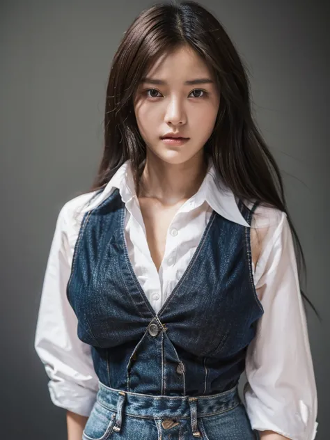 ((Highest quality, 8K, masterpiece :1.3)), Sharp focus :1.2, Beautiful woman with perfect figure :1.4, 1 Girl,Slim Abs :1.2, ((Dark brown hair,chest :1.2)), (White long formal shirt)(Unbutton your shirt.), Gray background:1.2, Highly detailed face and skin...