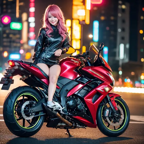 top-quality、8K、hight resolution、​masterpiece、(portlate:0.6)、Kawasaki bikes ride at high speed around the city、(slow motion:1.3)、(Motion Blur:1.3)、(SPEEDLINE:1.4)、Sense of speed、1girl in、Sparks and smoke coming out of tires、Pink hair、Middle hair、(A smile:1....