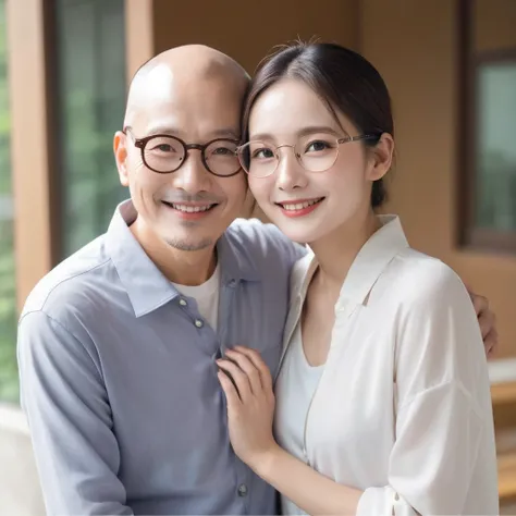 Couple、Embrace each other、Uncle with glasses、Beauty、smile、bald