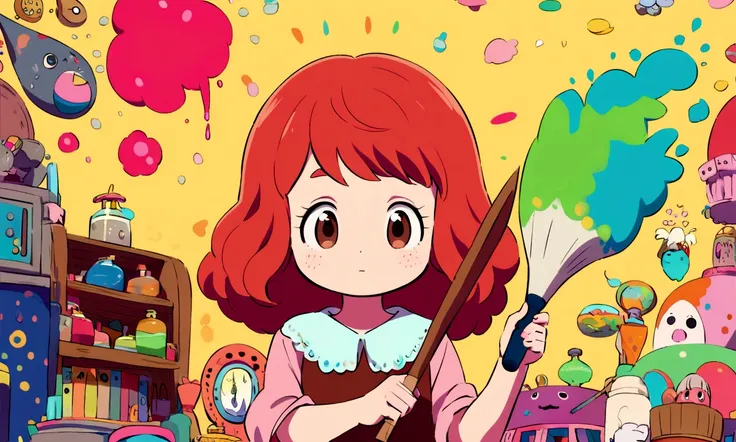 a cute little 8 year old , she is redheaded and has brown eyes, she is a painter and is a little dirty with paint. She is painting in her room with the brush in her hand. [Studio Ghibli style, colorful, bright colors,]