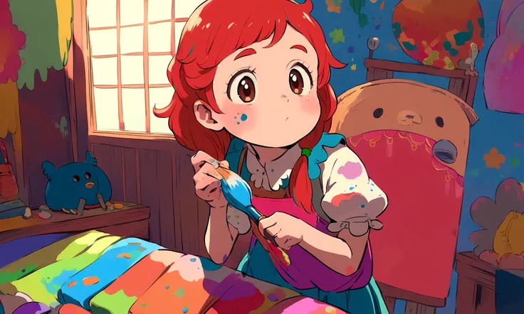 a cute little 8 year old , she is redheaded and has brown eyes, she is a painter and is a little dirty with paint. She is painting in her room with the brush in her hand. [Studio Ghibli style, colorful, bright colors,]