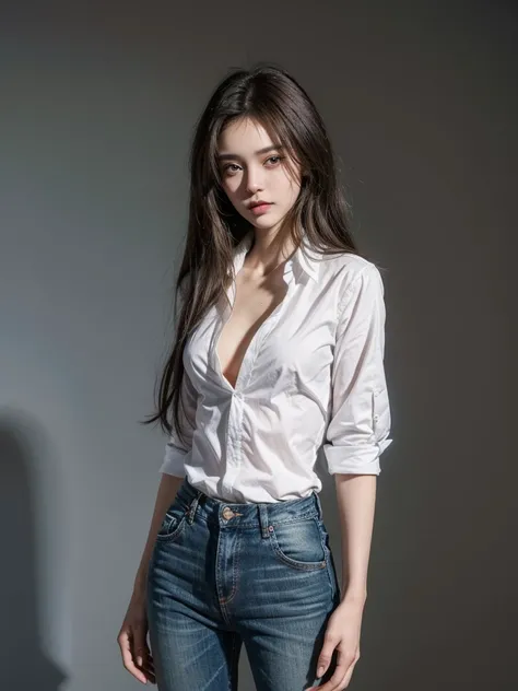 ((Highest quality, 8K, masterpiece :1.3)), Sharp focus :1.2, Beautiful woman with perfect figure :1.4, 1 Girl,Slim Abs :1.2, ((Dark brown hair,chest :1.2)), (White long formal shirt)(Unbutton your shirt.), Gray background:1.2, Highly detailed face and skin...