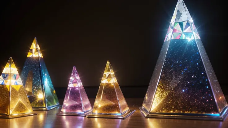 [crystal pyramid shining colorful light  [focusing] in the measuring room]