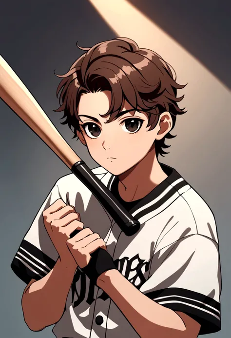 Boy short brown hair with black eyes wearing stylish clothes with baseball bat 