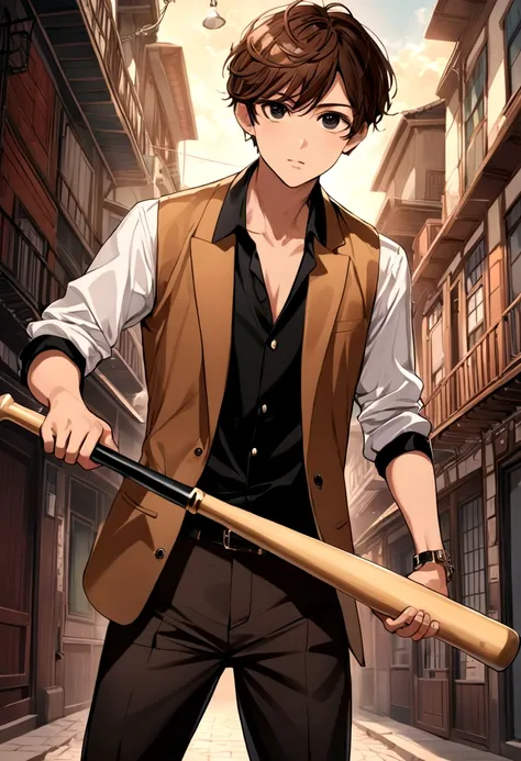 Boy short brown hair with black eyes wearing stylish clothes with baseball bat 