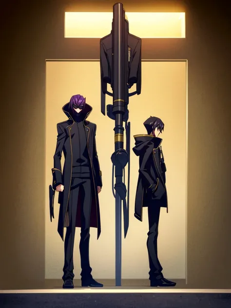 Male, teenager, vigilante, wearing dark clothes, a coat, and a mask, athletic build, hands in pockets, standing at attention, nighttime setting, lone figure, facing viewer, fully in frame, full body shot, Code Geass style, codeGeass, CODEGEASS