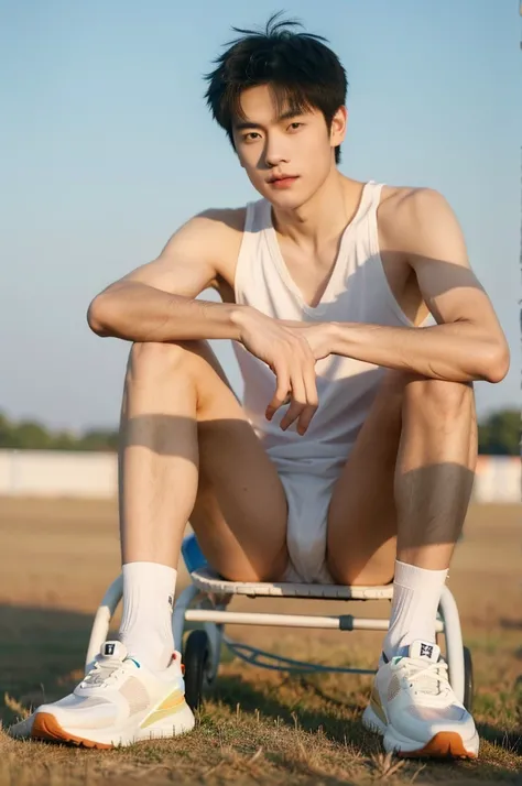 nansheng,1 boy, Solitary, topless, wear white thong underwaer，Socks and feet close-up，Male focus,sky空, outdoor, sky, Practical,Grass, Whole body, show abs,(The best shadow), Wheels within wheels, bright, Lens distortion correction，(The best shadow),Wheels ...