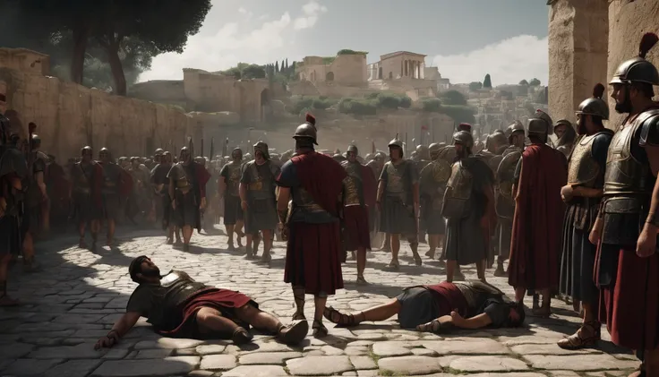 Create an image of Ancient Rome where a Roman soldier serves water to a Jew lying on the ground on a stone road, other armed Roman soldiers watch everything.The scene should be intense and emotional. Use a dark and dramatic color palette to accentuate the ...