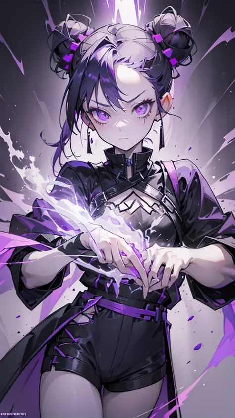 boy. thoughtful look. open forehead. black and purple hair tied in a bun on the left side to one side. sinuous black horns wrapped in dark purple ribbon. pale violet eyes. in short dark purple shorts. long white T-shirt. dark purple knee-high socks. dark_p...