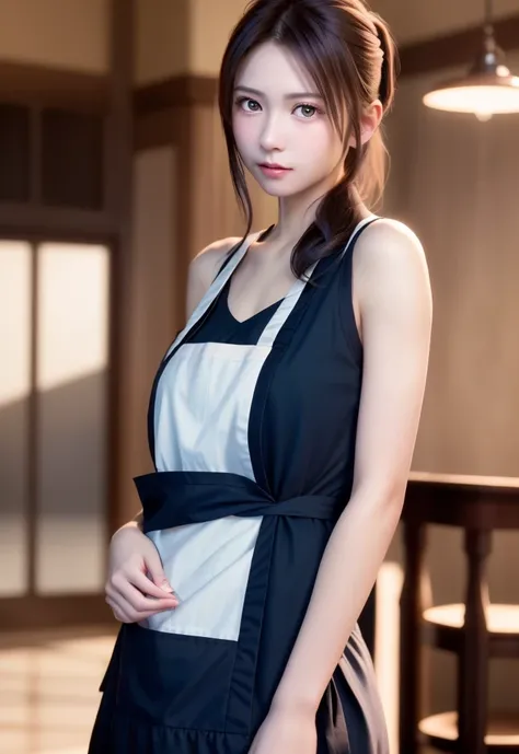 8K, of the highest quality, masutepiece:1.2), (Realistic, Photorealsitic:1.37), of the highest quality, masutepiece, Beautiful young woman, Pensive expression, Gentle eyes, Apron naked、Lovers、Hair tied back, Messy mood, Cinematic background,  Light skin to...