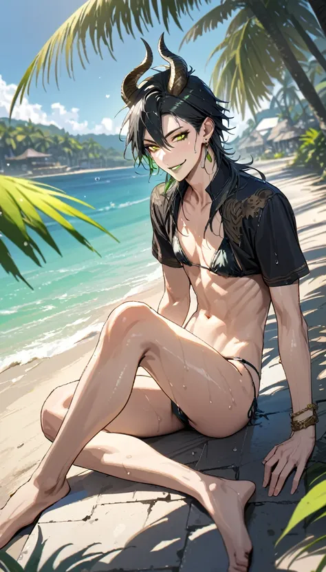 masterpiece, highres, absurdres, illustration, ((masterpiece:1.4, best quality)), (Ultra detailed background), 1boy, handsome man, highly detailed beautiful face and eyes, beautiful eyes, (sharp detail:1.3), shiny, earrings, bracelet, (wet bikini:1.3), Bar...