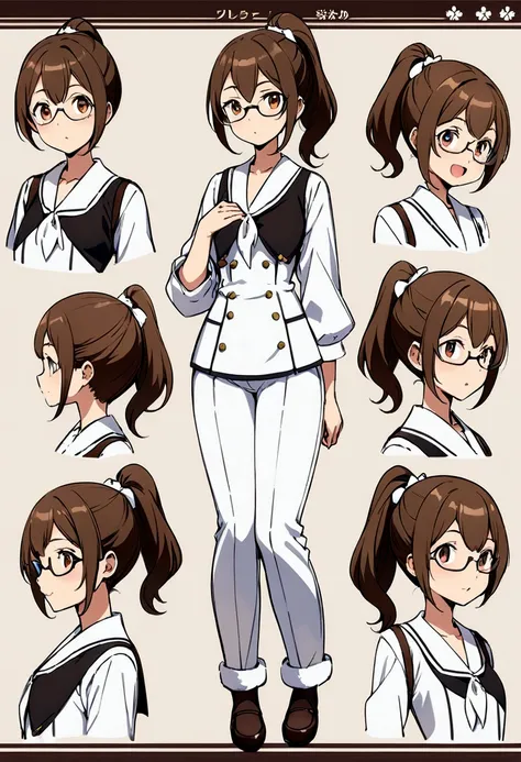 Cartoon Girl Style Full Body ,brown hair with ponytail , Wear glasses, different angles, Character sheets