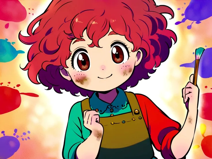 a cute little 8 year old , she is redheaded and has brown eyes, she is a painter and is a little dirty with paint. She is painting in her room with the brush in her hand. [Studio Ghibli style, colorful, bright colors,]