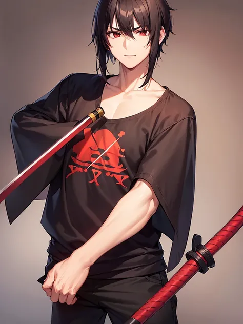 man , low taper haircut , wear a hashira clothes , tall , red black eyes , bring katana with him , dark hair  , ninja , strong 