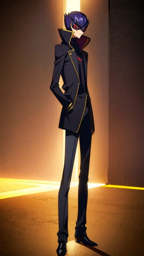 Male, teenager, vigilante, wearing dark clothes, a coat, and a mask, athletic build, hands in pockets, standing at attention, nighttime setting, lone figure, facing viewer, fully in frame, full body shot, Code Geass style, codeGeass, CODEGEASS