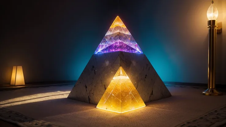 [crystal pyramid shining colorful light [focusing] in the meditation room]