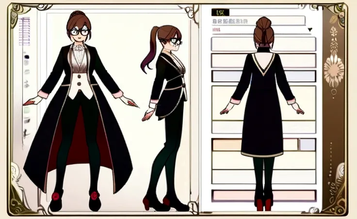 Photography Girl Style Full Body ,brown hair with ponytail , Wear glasses, different angles, Character sheets