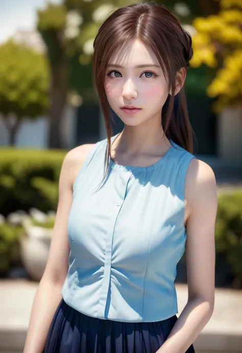 8K, of the highest quality, masutepiece:1.2), (Realistic, Photorealsitic:1.37), of the highest quality, masutepiece, Beautiful young woman, Pensive expression, Gentle look, Cute Maid Clothes, Hair tied back, feeling radiant, Cinematic background,, Light sk...