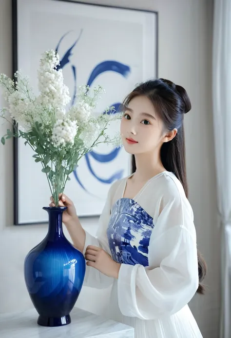 An Asian girl in white and blue clothes holds a vase, large paintings, Monochrome elegant desktop photography, animal picture [V3] $ Ultra-high-definition picture quality.Xianxia