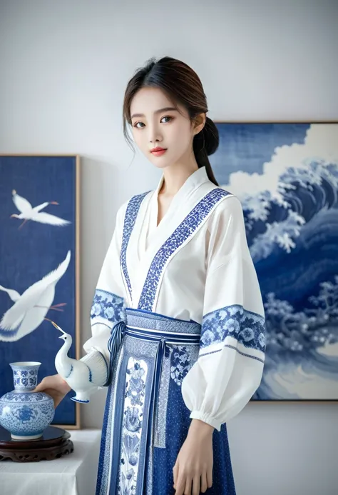 An Asian girl in white and blue clothes holds a vase, large paintings, Monochrome elegant desktop photography, animal picture [V3] $ Ultra-high-definition picture quality.Xianxia