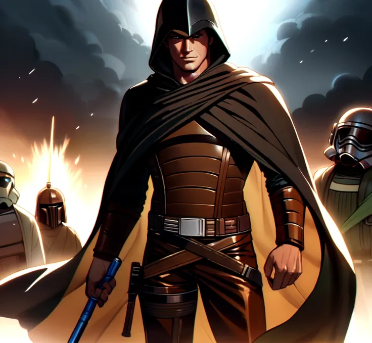 Star wars, jedi knight, leather armour, leather pants, cloak, hood, blue lightaber, handsome muscular man, 