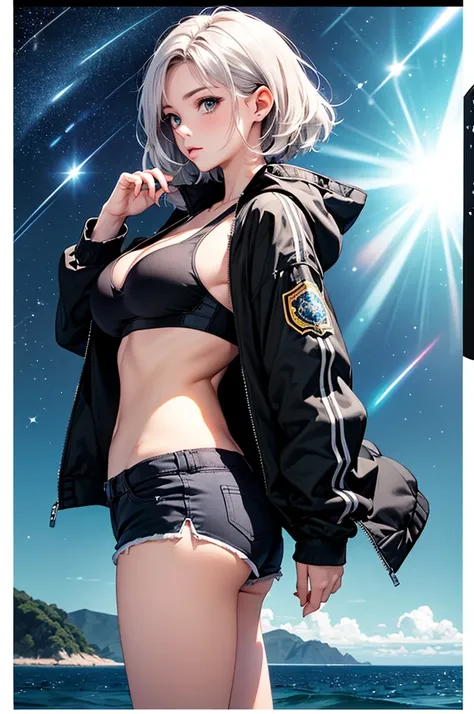 (masterpiece:1.5, Highest quality, Very detailed、 Dutch Angle、Realistic、2.5D、Realistic)(One Girl, Sports Girl)(Silver Hair:1.6,,short hair)(Sports Bra、Jacket:1.5、Shorts、tightedium breasts, Beautiful cleavage,underboob))(from backside),(Beautiful starry sky...