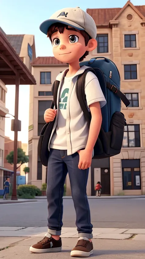 a boy with a cap and backpack on his back, a student. he is in the square sitting on his skateboard