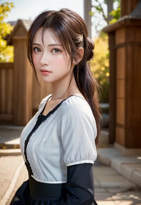 8K, of the highest quality, masutepiece:1.2), (Realistic, Photorealsitic:1.37), of the highest quality, masutepiece, Beautiful young woman, Pensive expression,、A charming、and an inviting look, Cute Maid Clothes, Hair tied back, Cinematic background, Light ...