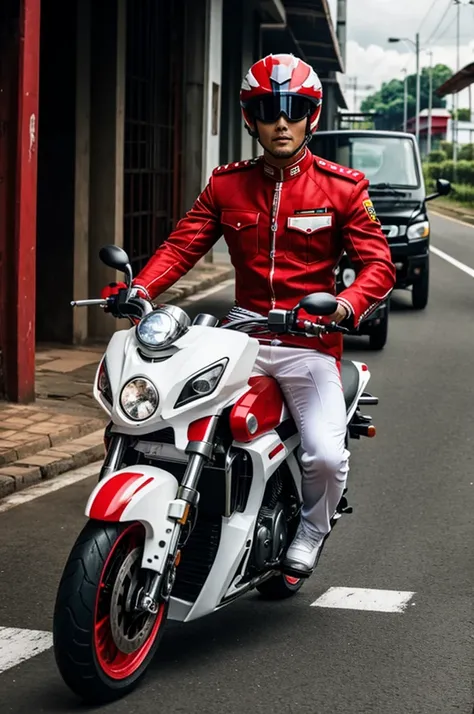 malaysian postman wearing white and red uniform riding ghost rider bike