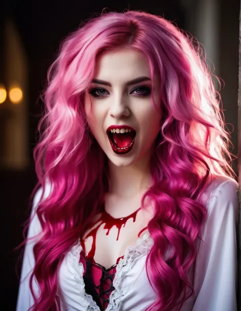 very attractive 25 year old girl with long wavy bright pink hair, vampire, showing fangs dripping with blood, photo quality