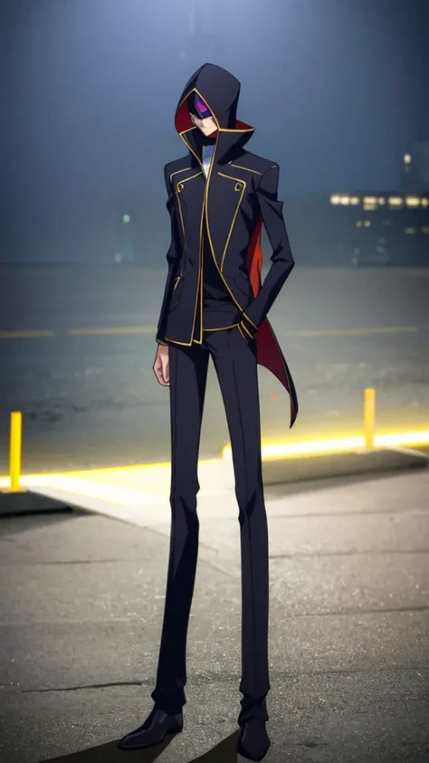 Male, teenager, vigilante, wearing dark clothes, a coat, and a mask, athletic build, hands in pockets, standing at attention, nighttime setting, lone figure, facing viewer, fully in frame, full body shot, Code Geass style, codeGeass, CODEGEASS