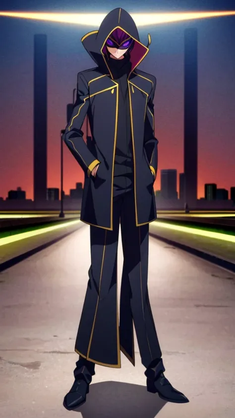 Male, teenager, vigilante, wearing dark clothes, a coat, and a mask, athletic build, hands in pockets, standing at attention, nighttime setting, lone figure, facing viewer, fully in frame, full body shot, Code Geass style, codeGeass, CODEGEASS