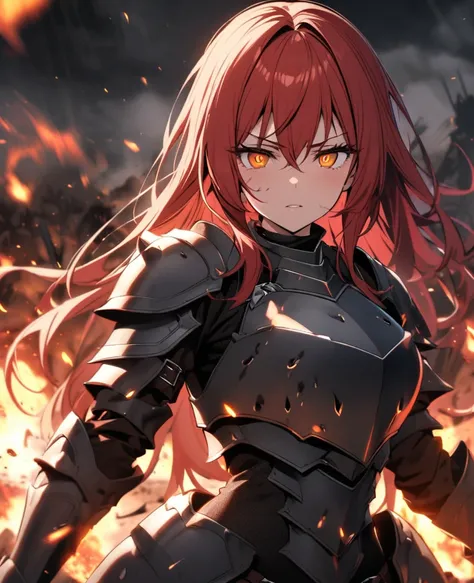 Female,red hair,orange eyes,curvy,damged battle armour,controlling hell fire, on a battlefield with darkness in her eyes 