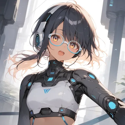 score_9, score_8_up, score_7_up, source_anime, best quality, masterpiece, official art, absurdres, highres, ultra-detailed,waifu2x,Collection: Slice of Life,break,1girl, cyborg girl, briliant azure eyes, 16yo, crop top cyborg armor, futuristic headset, fut...