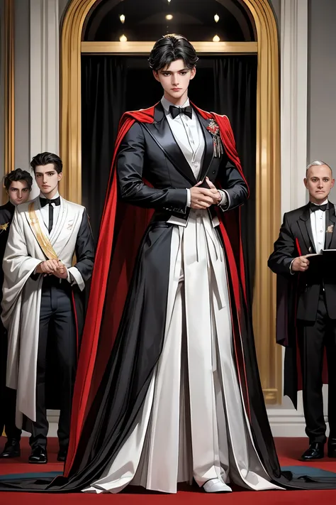 
masterpiece, 最high quality, high quality, 1 boy, alone, Male focus, Watching the audience,  Messy black hair, Adorable big blue eyes, White people, Noble, Noble,Sexy voluminous black and red cape、Tuxedo、A very voluminous, large, very large, very large, lo...