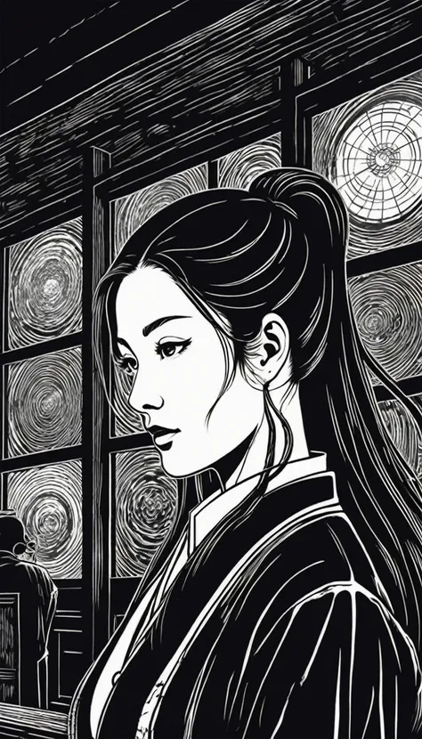 (Black and white woodcut:1.5)、(Second floor in black and white.)、foreground, dark and sinister atmosphere、using circular lenses, profile face of a female doctor, long black hair, with long ponytail, huge breasts, wearing a long doctor&#39;s coat, next to a...