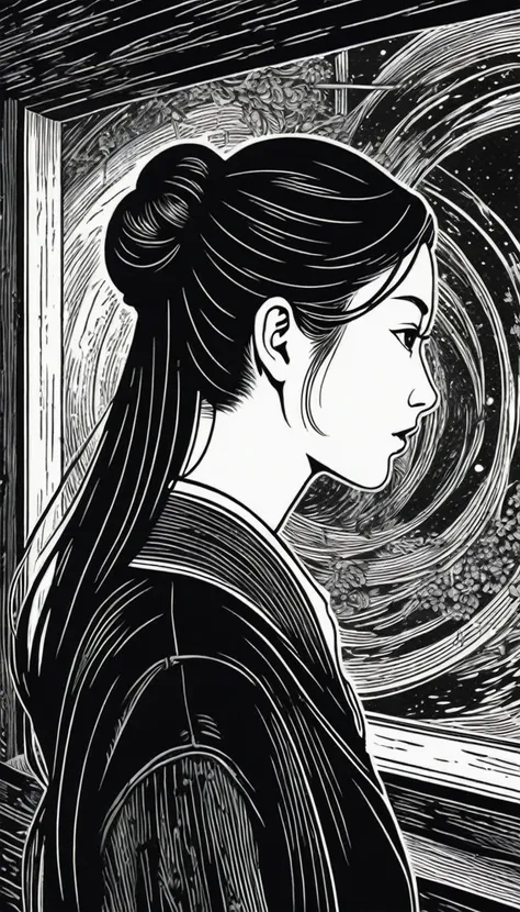 (Black and white woodcut:1.5)、(Second floor in black and white.)、foreground, dark and sinister atmosphere、using circular lenses, profile face of a female doctor, long black hair, with long ponytail, huge breasts, wearing a long doctor&#39;s coat, next to a...