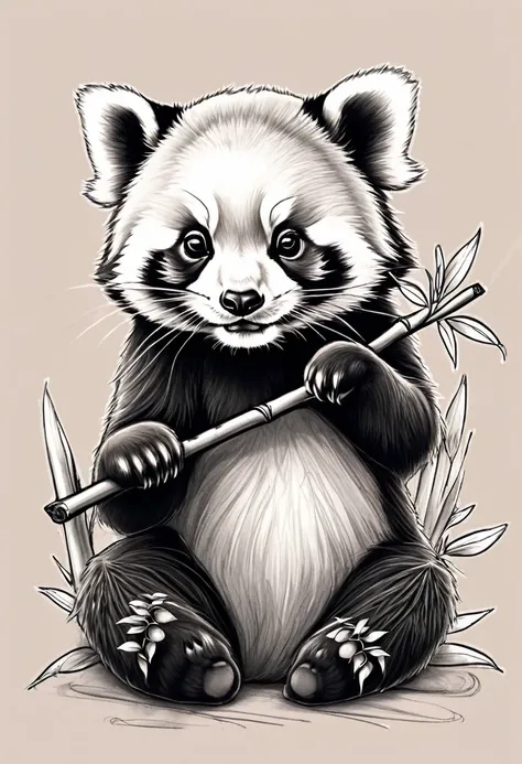 Little panda, Red panda, Tattoo sketch, eats bamboo