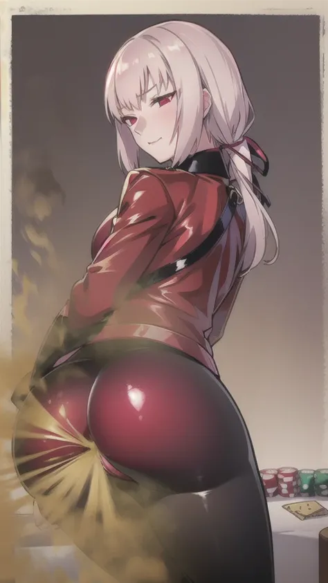 ((velocity)),Attacked by farts, (Mommy Hot Florence Nightingale from Fate/Grand Order)(((Women farting))),(girl farting),velocity,)(a female),(white hair),(red eyes),(her butt facing screen and bending over)),(wearing latex leggings),(anime girl),(Casino),...