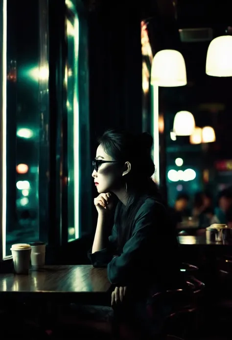 Depressed Asian woman sitting in a dim cafe at night, From the window you can see, Perfect profile, sunglasses, neon black, (Backlight: 1.1), Hard Shadows, artwork, best quality, complicated, Model shooting style, High quality, Film Grain, Incomplete detai...