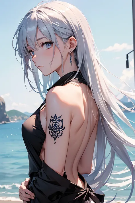 (Image from chest up:1.4)((masterpiece:1.5,Highest quality,Beautiful images、Sketch、2.5D、Abstract、Artistic、Portraiture))(1girl, 独奏)(medium breasts, Silver Hair、long hair、sideboob、Exposing shoulders、Tattoo on shoulder)(横顔のPortraiture,Gaze sideways、Gaze diago...