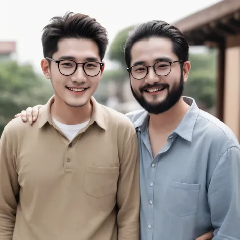 Couple、Embrace each other、Fat Uncle、Bearded old man、Sexy beauty 20 years old、smile、A man with black hair、Men with glasses