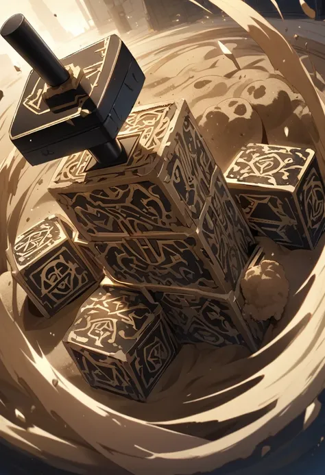 a extremely detailed 2 handed hammer made of sand and covered in black runes