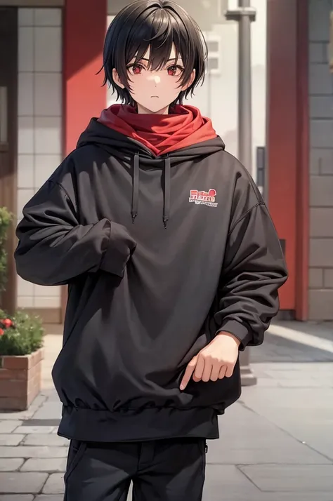 man , low taper haircut, hoodie , tall , red black eyes , dark hair  , ninja , strong ,  