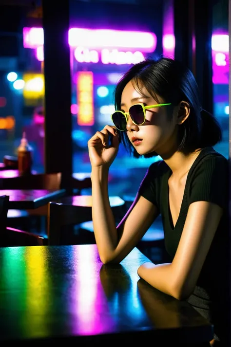 Depressed Asian woman sitting in a dim cafe at night, From the window you can see, Perfect profile, sunglasses, neon black, (Backlight: 1.1), Hard Shadows, artwork, best quality, complicated, Model shooting style, High quality, Film Grain, Incomplete detai...