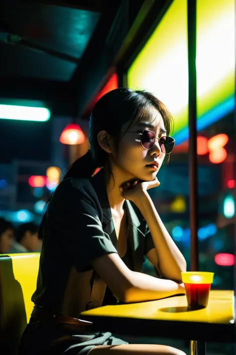 Depressed Asian woman sitting in a dim cafe at night, From the window you can see, Perfect profile, sunglasses, neon black, (Backlight: 1.1), Hard Shadows, artwork, best quality, complicated, Model shooting style, High quality, Film Grain, Incomplete detai...