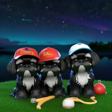 2 Adorable small black Shih Tzu puppies wearing baseball cap and glasses fishing at night Disney background 3d cartoon 3d render disney pixar style